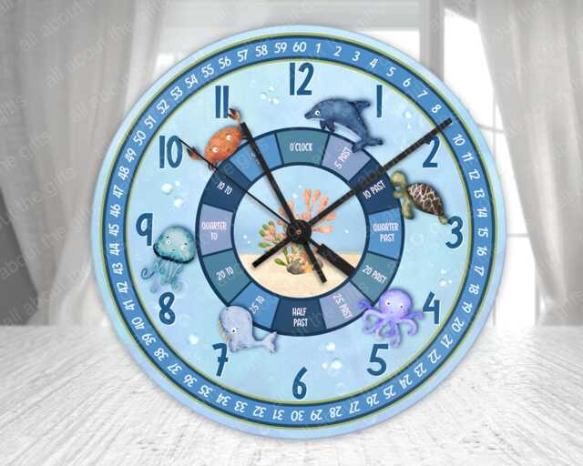Under The Sea Wall Clock, Glass Kids Learning Learn To Tell Time, Teaching Clock For Kids, Creatures - image 1