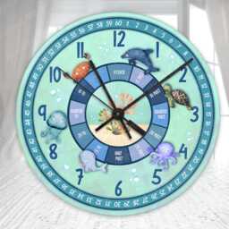 Under The Sea Wall Clock, Glass Kids Learning Learn To Tell Time, Teaching Clock For Kids, Creatures - thumbnail 2