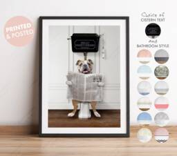 British Bulldog Dog On Toilet With Newspaper, Victorian Print, Funny Bathroom Toilet, Humour Print - thumbnail 1