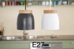 Ceramic Hanging Lamp White Or Black - Pendant Textile Cable Oak Wood Led Dining Table Counter Work Hammered