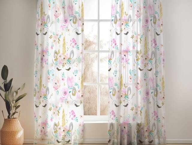 Floral Unicorn Nursery Curtains Handmade Cotton Window Covering - image 1