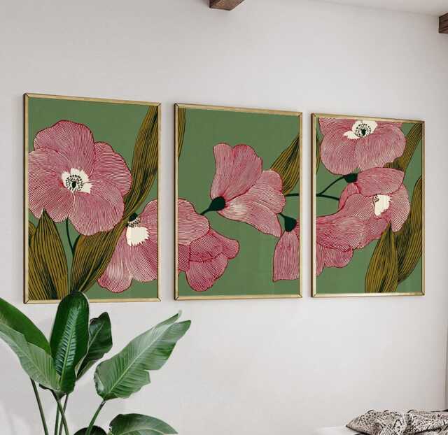 Scandi Floral Line Art Posters - Green Pink Botanical Wall Set Of 3 - image 1