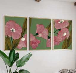 Scandi Floral Line Art Posters - Green Pink Botanical Wall Set Of 3 - thumbnail 1