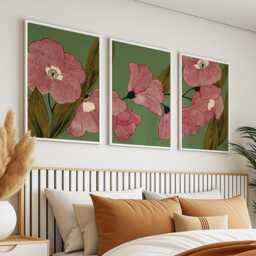 Scandi Floral Line Art Posters - Green Pink Botanical Wall Set Of 3 - thumbnail 2