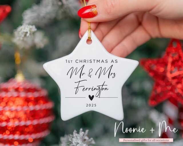 First Christmas Mr & Mrs Married Keepsake, Tree Decoration, Personalised Ceramic Bauble, Wedding Gift, Hanging Ornament Style9 - image 1