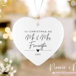 First Christmas Mr & Mrs Married Keepsake, Tree Decoration, Personalised Ceramic Bauble, Wedding Gift, Hanging Ornament Style9 - thumbnail 2