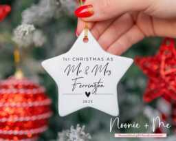 First Christmas Mr & Mrs Married Keepsake, Tree Decoration, Personalised Ceramic Bauble, Wedding Gift, Hanging Ornament Style9 - thumbnail 1