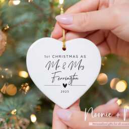 First Christmas Mr & Mrs Married Keepsake, Tree Decoration, Personalised Ceramic Bauble, Wedding Gift, Hanging Ornament Style9 - thumbnail 3