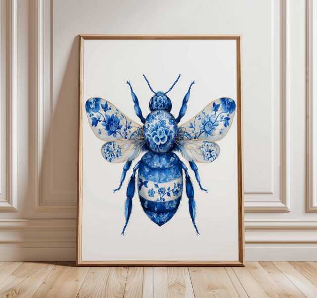 Blue Floral Bee Poster - Botanical Insect Wall Art Print, Elegant Nature Illustration For Living Room, Bedroom, Or Office Decor - image 1