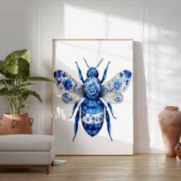 Blue Floral Bee Poster - Botanical Insect Wall Art Print, Elegant Nature Illustration For Living Room, Bedroom, Or Office Decor - thumbnail 3