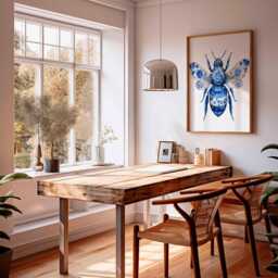Blue Floral Bee Poster - Botanical Insect Wall Art Print, Elegant Nature Illustration For Living Room, Bedroom, Or Office Decor - thumbnail 2