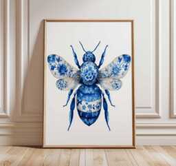 Blue Floral Bee Poster - Botanical Insect Wall Art Print, Elegant Nature Illustration For Living Room, Bedroom, Or Office Decor - thumbnail 1