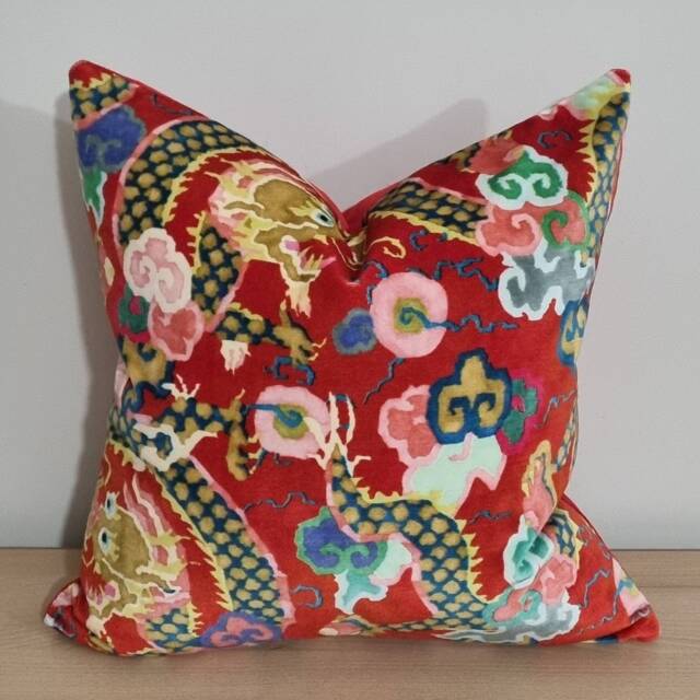 Linwood Velvet Wonderland Double Dragon Lacquer Red & Omega Cushion Cover 45x45 cm - image 1
