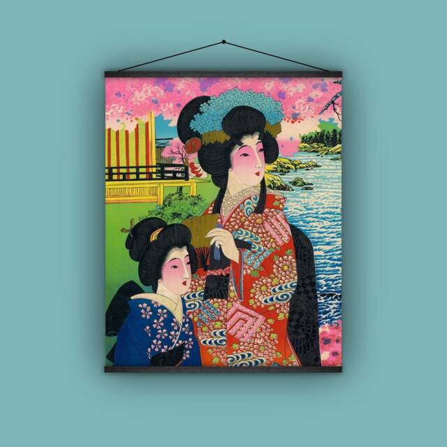 Japan, Advertisement, 1890, Wall Hanging, Pull Down Chart, Geisha, Fan, Kimono, Cherry Blossoms, Patterns, Costume, Ethnic, Antique Image - image 1