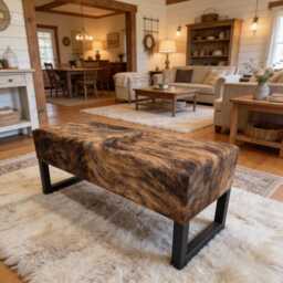 Cowhide & Steel Bench For Entryway Seating - End Of Bed Fb - thumbnail 3