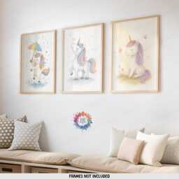 Unicorn Nursery Posters - Set Of 3 - Girl Bedroom Prints Rainbow Unicorns Wall Art Decor - thumbnail 2