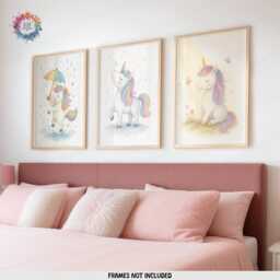 Unicorn Nursery Posters - Set Of 3 - Girl Bedroom Prints Rainbow Unicorns Wall Art Decor - thumbnail 1
