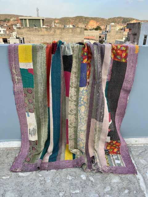 Handmade Cotton Kantha Patchwork Quilt Block Print Reversible Rustic Bedspread - image 1