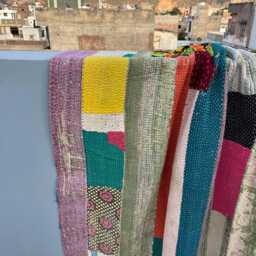 Handmade Cotton Kantha Patchwork Quilt Block Print Reversible Rustic Bedspread - thumbnail 3