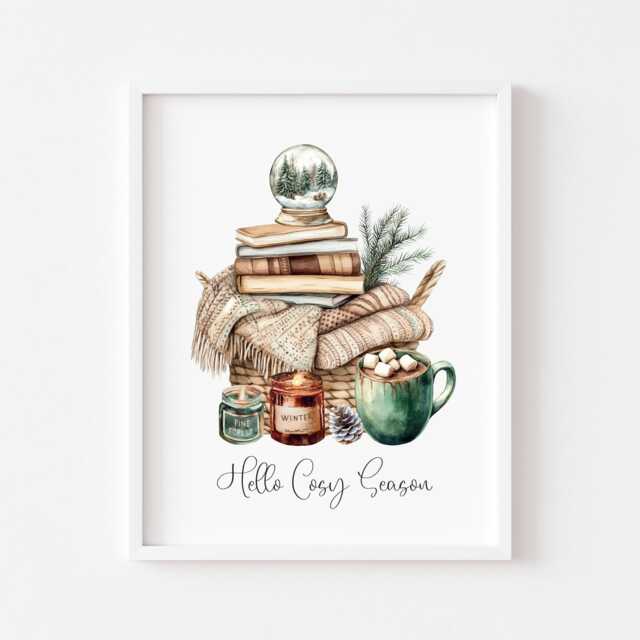 Christmas Print Cosy Season Beige & Green Watercolour Wall Art - Unframed - image 1