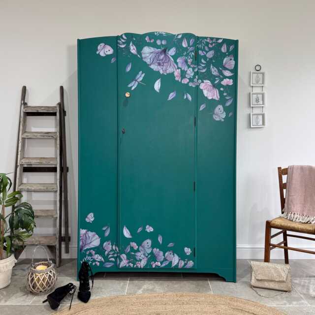 Vintage Wardrobe Armoire Painted Teal Green With Florals - image 1