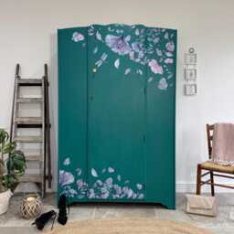 Vintage Wardrobe Armoire Painted Teal Green With Florals - thumbnail 1