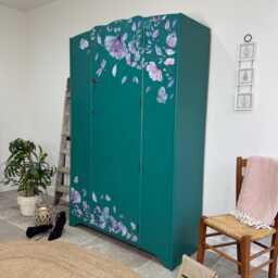 Vintage Wardrobe Armoire Painted Teal Green With Florals - thumbnail 2