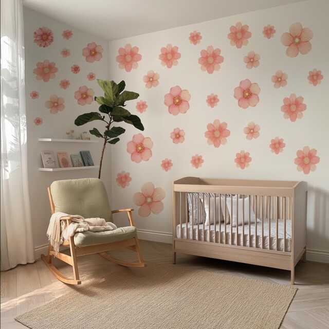 Pink Flower Wall Stickers, Floral Nursery Decals, Boho Girls Bedroom Decor, Peel & Stick Flowers, Decor - image 1