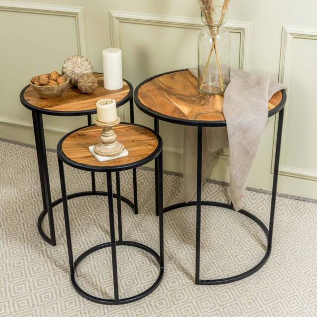 "Round Acacia Wood Side Table With Metal Base - Nesting " - image 1
