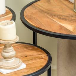 "Round Acacia Wood Side Table With Metal Base - Nesting " - thumbnail 2