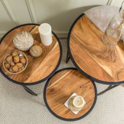 "Round Acacia Wood Side Table With Metal Base - Nesting " - thumbnail 3