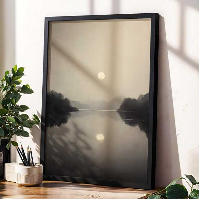 Soft Grey Moon Reflection Wall Art Minimalist Night Sky Painting Abstract Celestial Modern Large Room Decor Framed Poster Print - image 1