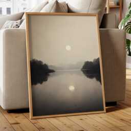 Soft Grey Moon Reflection Wall Art Minimalist Night Sky Painting Abstract Celestial Modern Large Room Decor Framed Poster Print - thumbnail 2