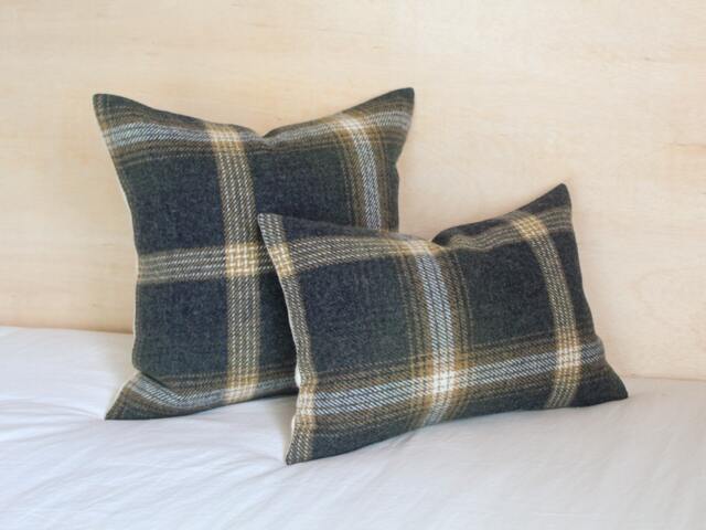 Gray & Gold Oxford Plaid Wool Pillow Cover, Charcoal Mustard Cover - Ready To Ship - image 1