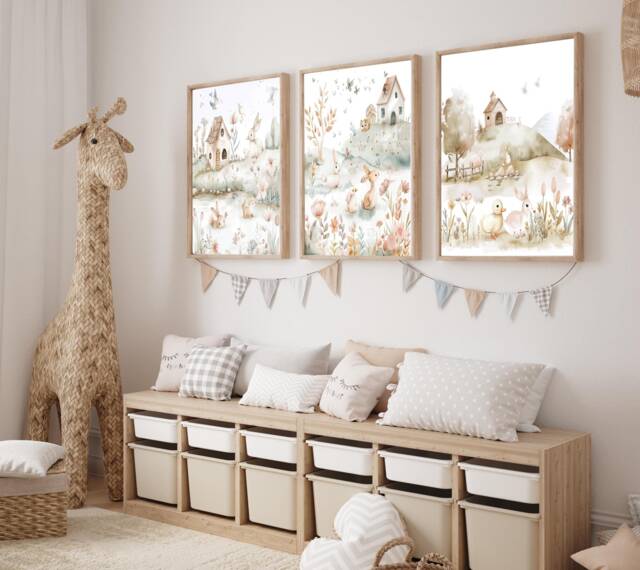 Woodland Nursery Prints, Set Of 3 Prints, Neutral Wall Art, Decor, Nursery Art Cute Animal Prints - image 1