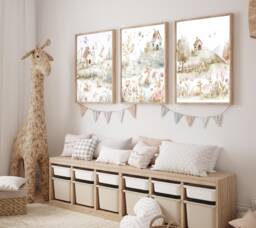Woodland Nursery Prints, Set Of 3 Prints, Neutral Wall Art, Decor, Nursery Art Cute Animal Prints - thumbnail 1
