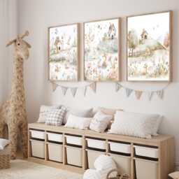 Woodland Nursery Prints, Set Of 3 Prints, Neutral Wall Art, Decor, Nursery Art Cute Animal Prints - thumbnail 2