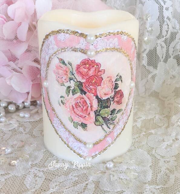 Shabby Chic Flameless Candle Pink Roses Valentine's Decor - image 1