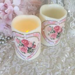 Shabby Chic Flameless Candle Pink Roses Valentine's Decor - thumbnail 4