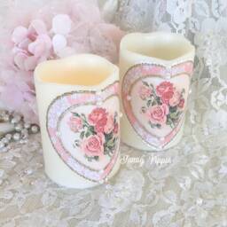 Shabby Chic Flameless Candle Pink Roses Valentine's Decor - thumbnail 2
