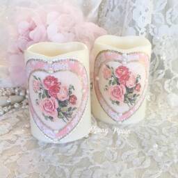 Shabby Chic Flameless Candle Pink Roses Valentine's Decor - thumbnail 3