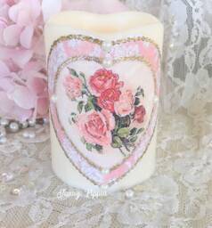 Shabby Chic Flameless Candle Pink Roses Valentine's Decor - thumbnail 1