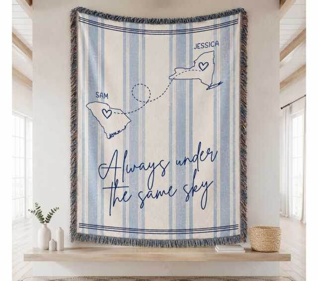 Always Under The Same Sky Custom Name Long Distance Woven Blanket, Usa State Map Couple Memory Throw, Personalized Travel Gift Decor - image 1