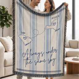 Always Under The Same Sky Custom Name Long Distance Woven Blanket, Usa State Map Couple Memory Throw, Personalized Travel Gift Decor - thumbnail 2