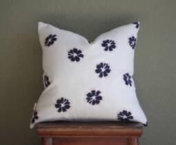 Mint Navy Floral Pillow Cover, Flower Linen Pillow, Double Sided Accent Sofa Decorative 16x16, 18x18, 20x20 - thumbnail 1
