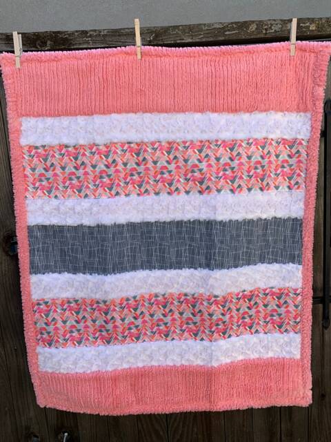 Handmade Modern Baby Minky Blanket Coral Pink, White & Gray Geometric - image 1