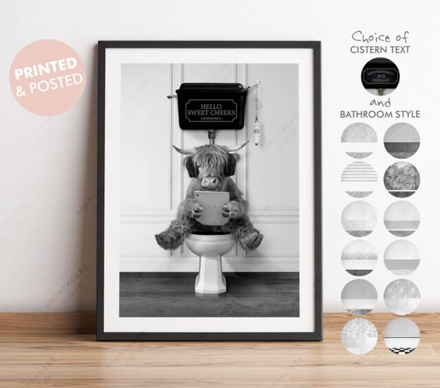 Black & White Teenage Highland Cow On Toilet With Tablet, Victorian Toilet, Funny Bathroom Print, Animal Cute Scotland - image 1