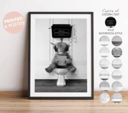 Black & White Teenage Highland Cow On Toilet With Tablet, Victorian Toilet, Funny Bathroom Print, Animal Cute Scotland - thumbnail 1
