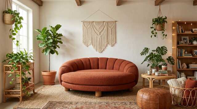 Round Sofa, Terracotta Boucle Couch, Circular Daybed Sofa Small Living Room, Boho Curved Channel Back Handmade Furniture Gift - image 1