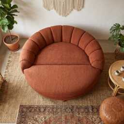 Round Sofa, Terracotta Boucle Couch, Circular Daybed Sofa Small Living Room, Boho Curved Channel Back Handmade Furniture Gift - thumbnail 2